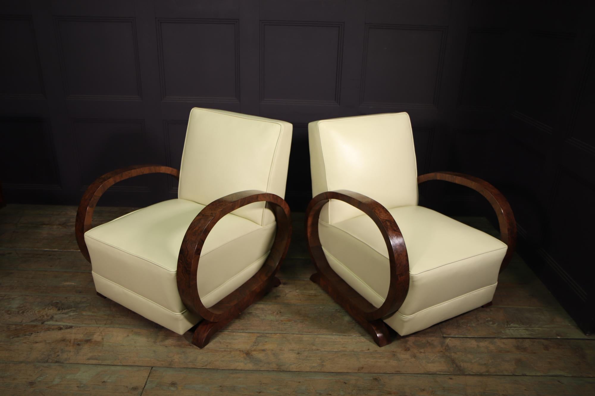 Pair of Art Deco Burr Walnut and Leather Armchairs 6