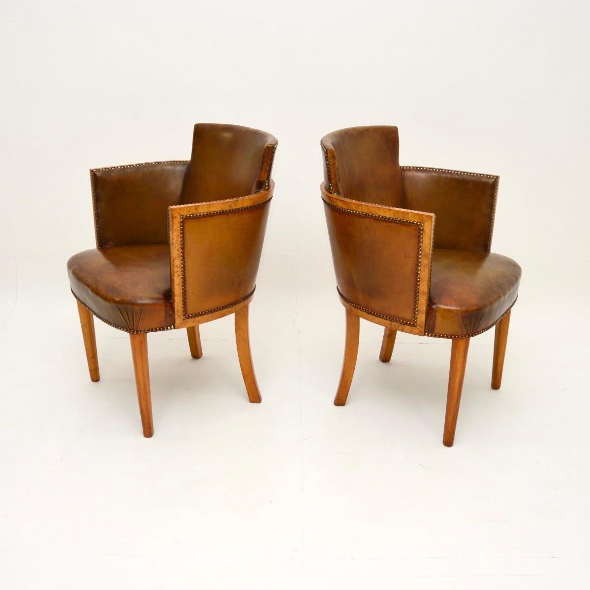 British Pair of Art Deco Burr Walnut and Leather Armchairs For Sale