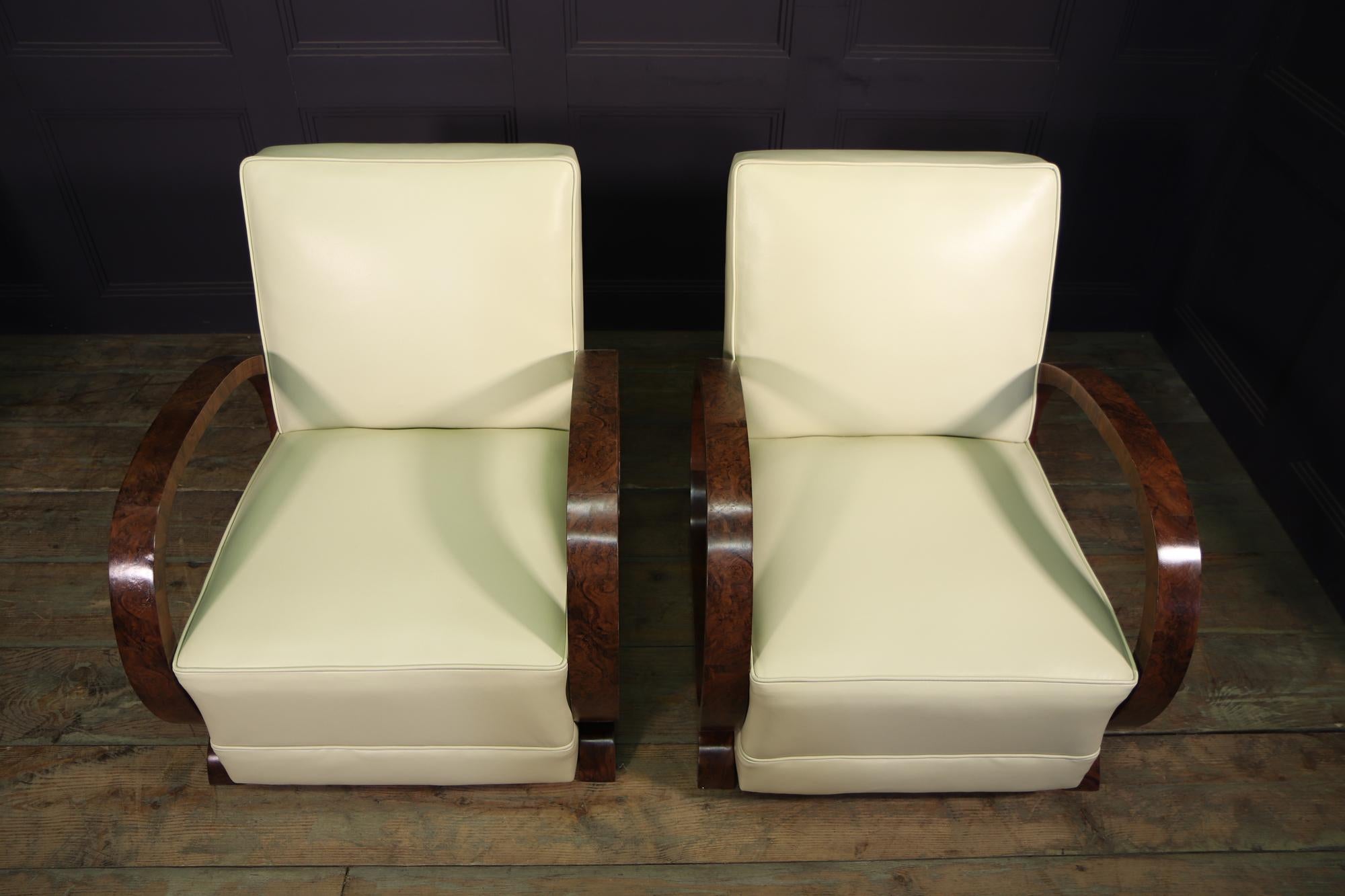 Mid-20th Century Pair of Art Deco Burr Walnut and Leather Armchairs