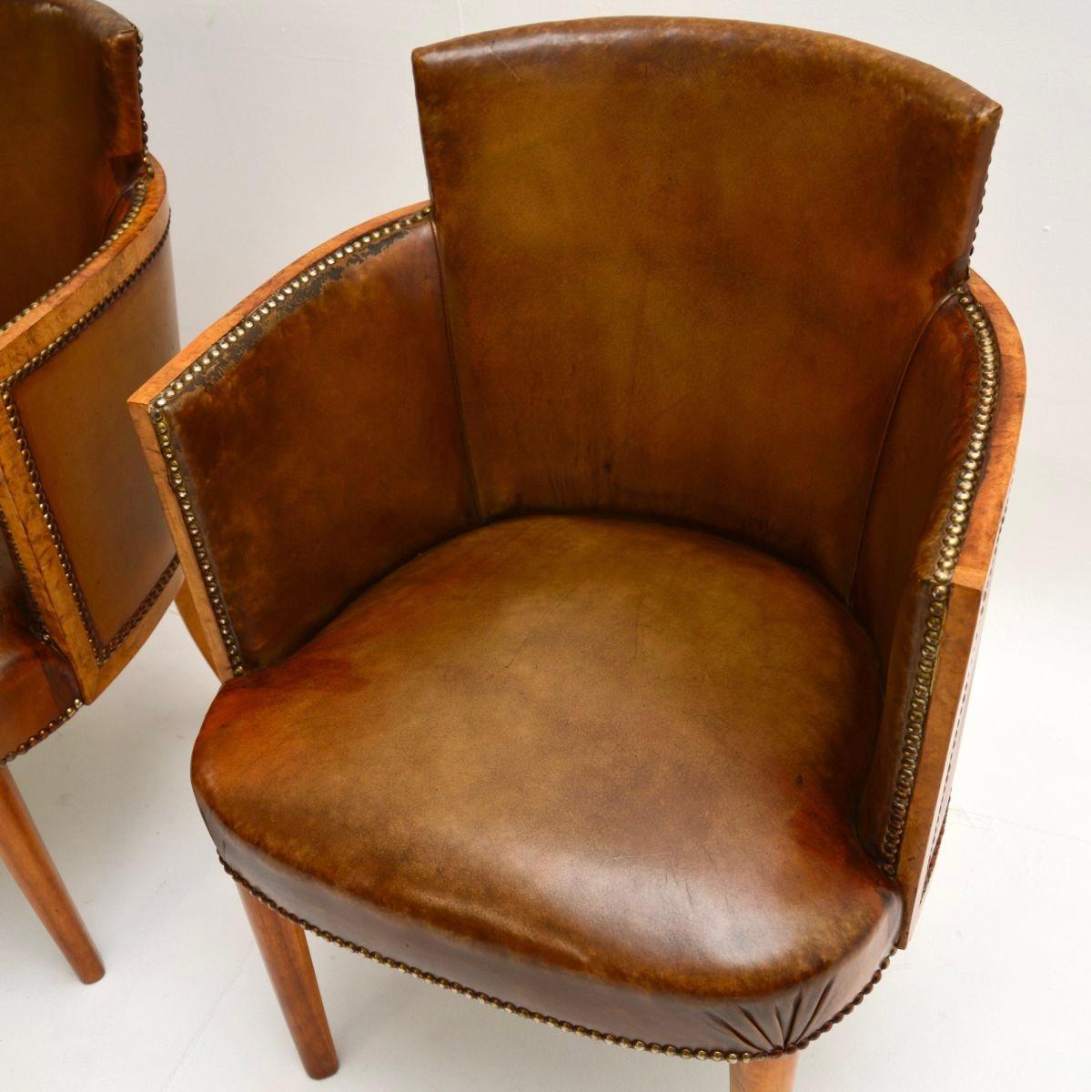 Pair of Art Deco Burr Walnut and Leather Armchairs For Sale 1
