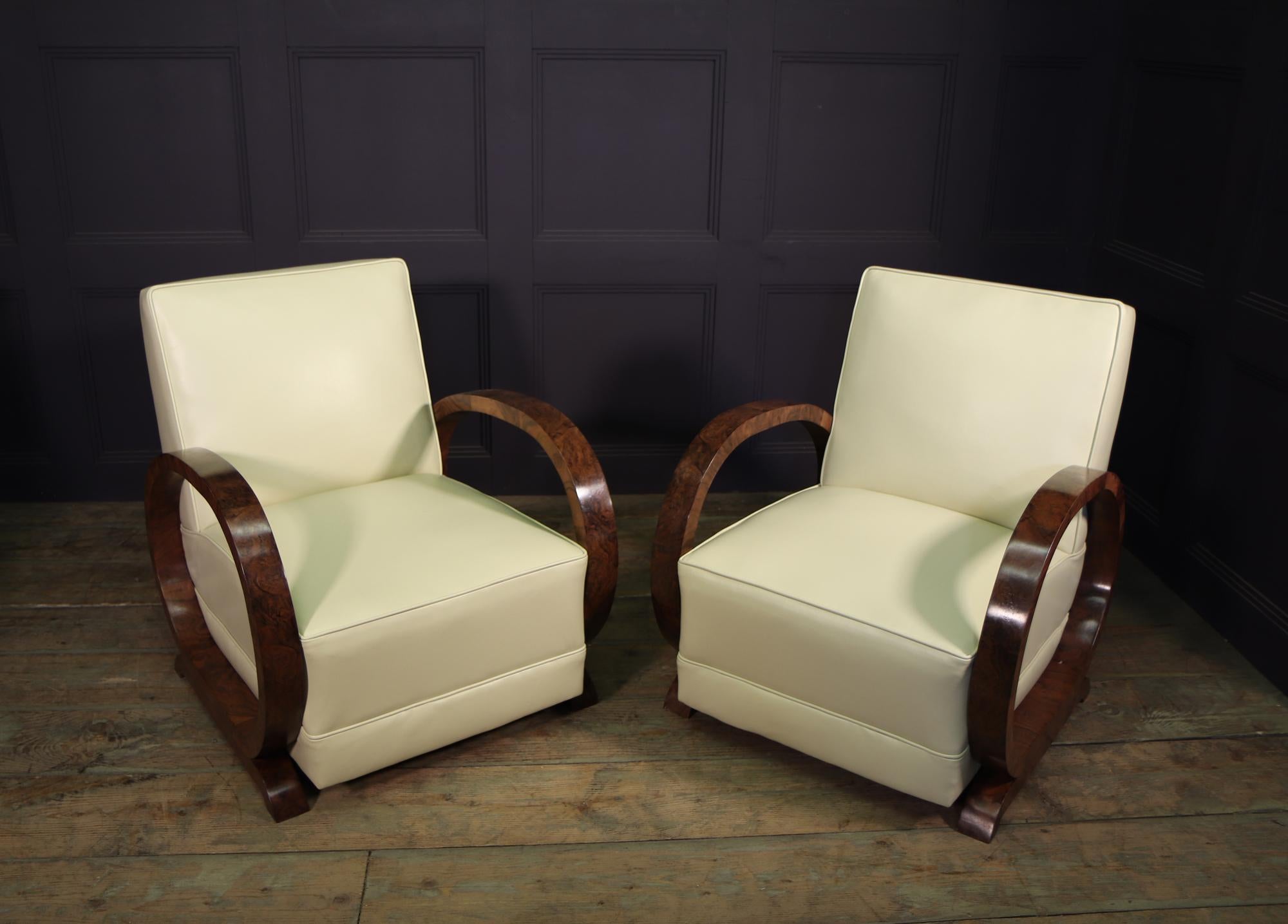 Pair of Art Deco Burr Walnut and Leather Armchairs 1