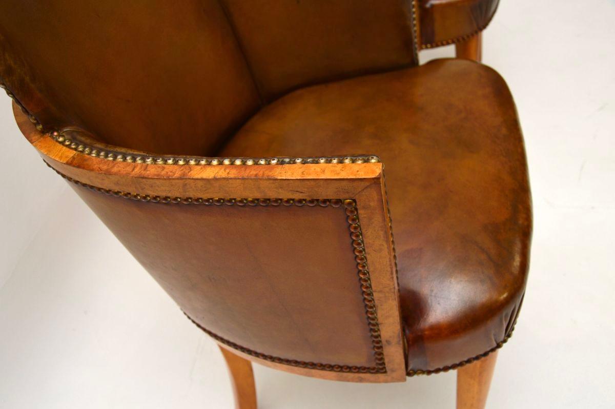 Pair of Art Deco Burr Walnut and Leather Armchairs For Sale 2