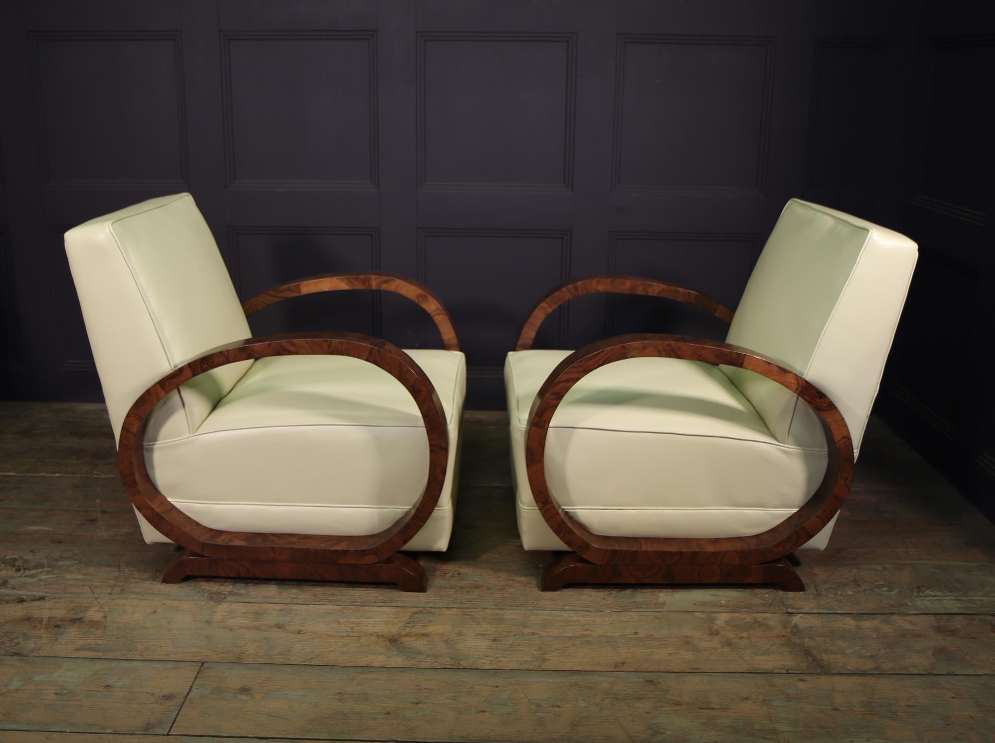 Pair of Art Deco Burr Walnut and Leather Armchairs 2