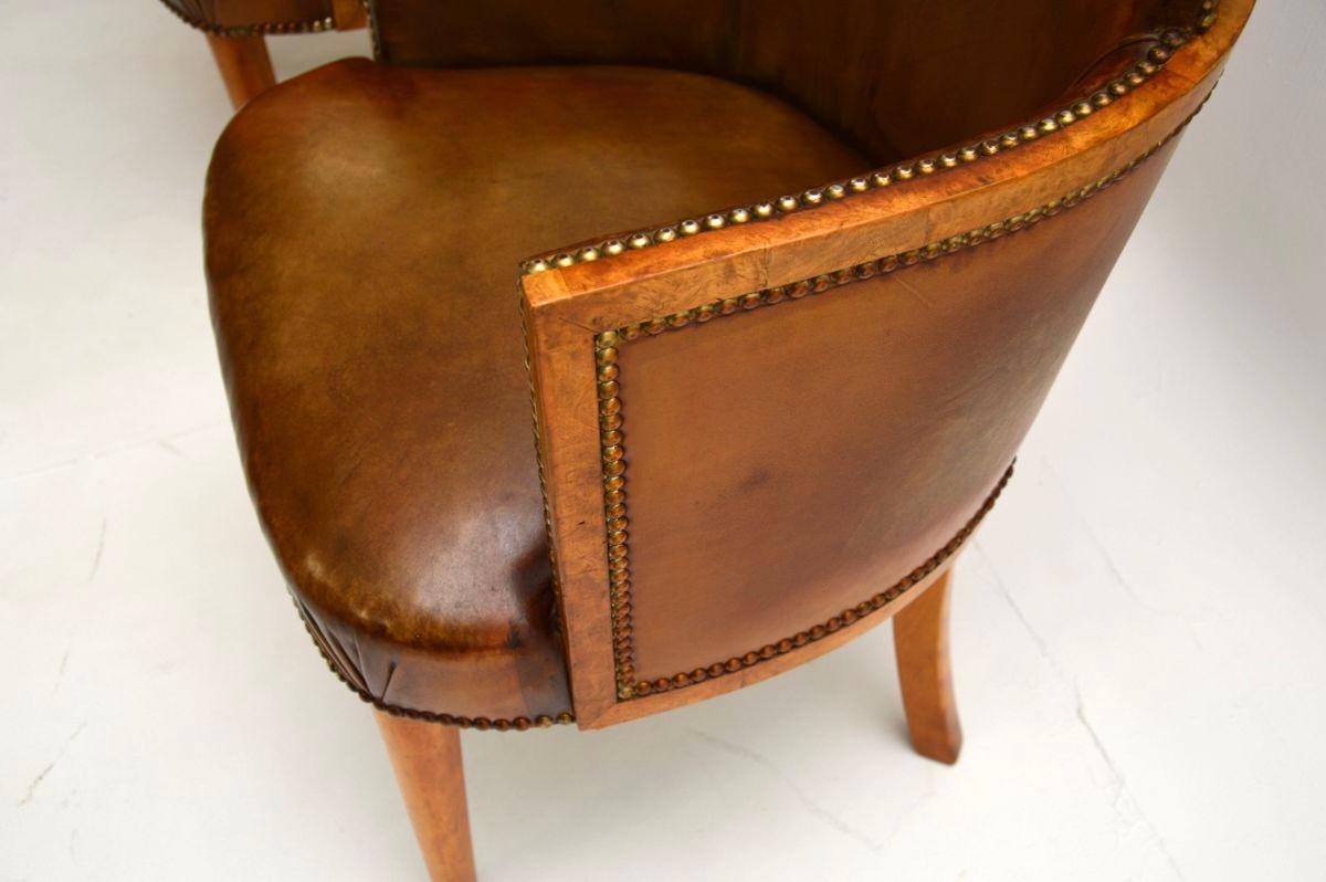 Pair of Art Deco Burr Walnut and Leather Armchairs For Sale 3