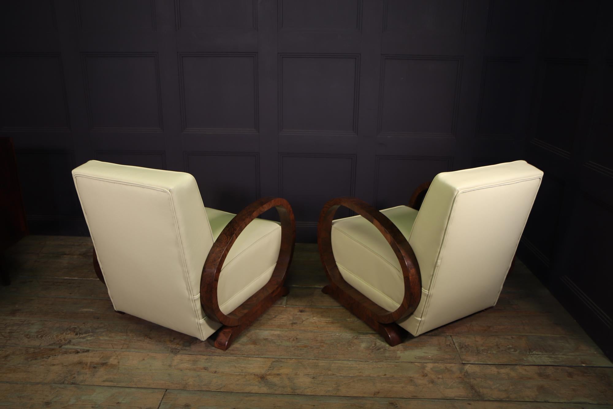 Pair of Art Deco Burr Walnut and Leather Armchairs 3