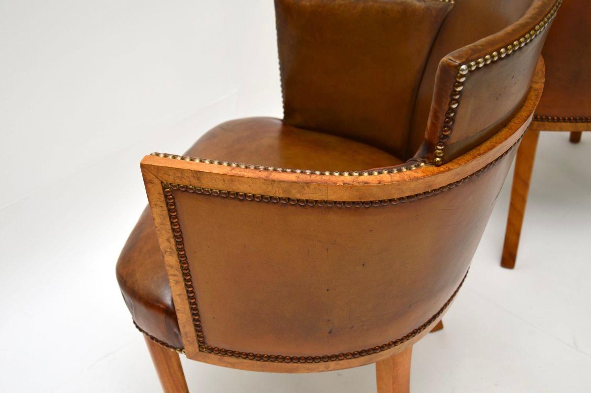 Pair of Art Deco Burr Walnut and Leather Armchairs For Sale 4