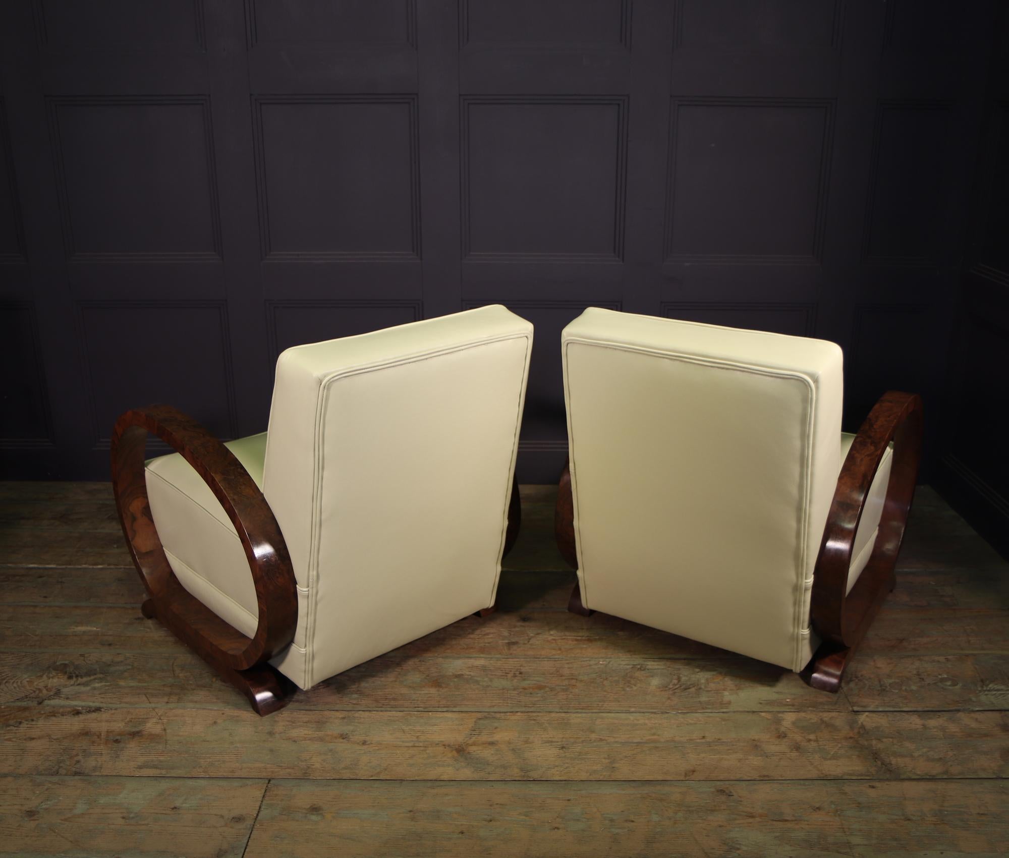 Pair of Art Deco Burr Walnut and Leather Armchairs 4