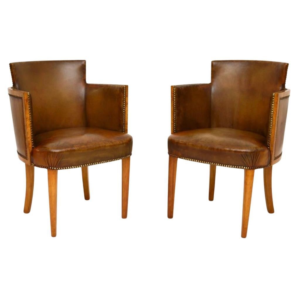 Pair of Art Deco Burr Walnut and Leather Armchairs