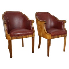 Pair of Art Deco Burr Walnut and Satin Birch Armchairs by Maurice Adams