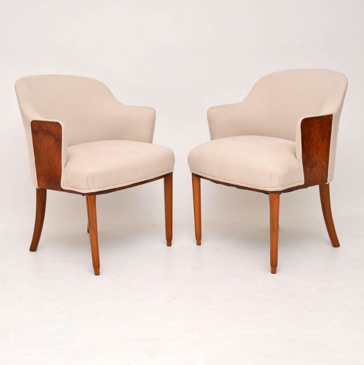 English Pair of Art Deco Burr Walnut Armchairs