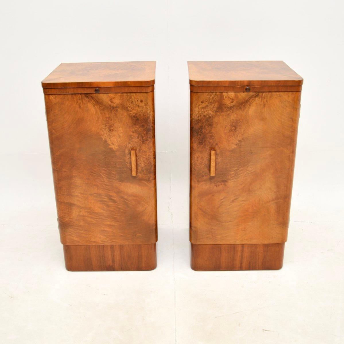 British Pair of Art Deco Burr Walnut Bedside Cabinets For Sale