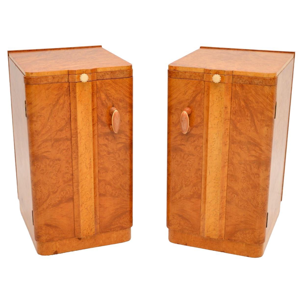 Pair of Art Deco Burr Walnut Bedside Cabinets For Sale