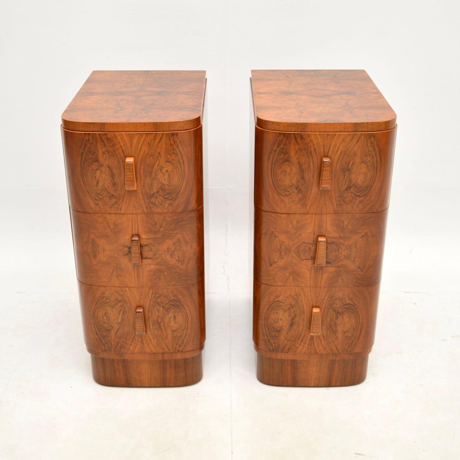 A stunning pair of Art Deco burr walnut bedside chests. They were made in England, they date from around the 1920’s.

They are of amazing quality and are a very useful size. They are tall and narrow, offering plenty of storage space inside the