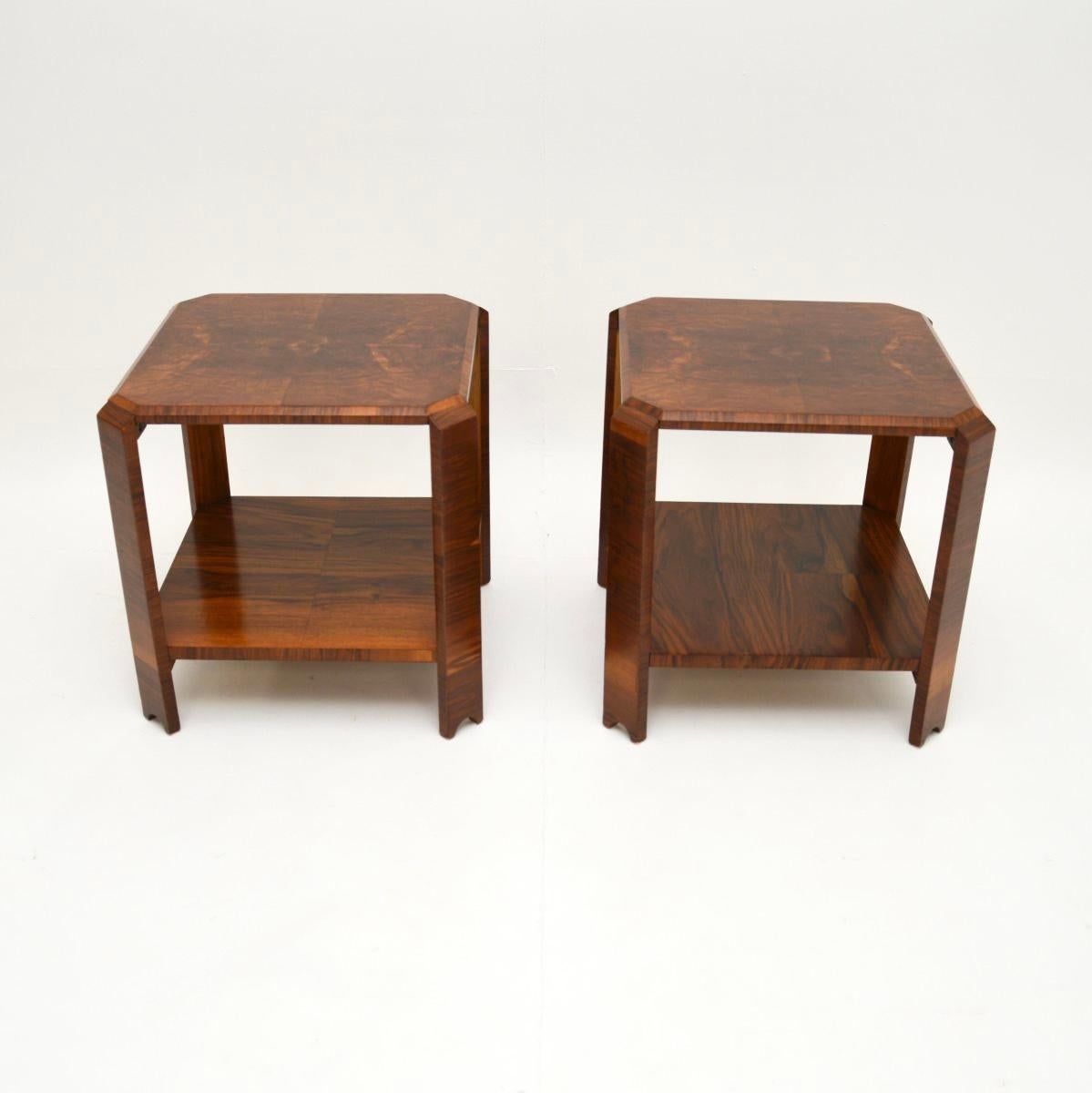 A beautiful and very stylish pair of Art Deco burr walnut side tables. They were made in England, they dates from the 1930’s.

The quality is superb, they are very well made and have a useful design. They are a handy size, with two very practical