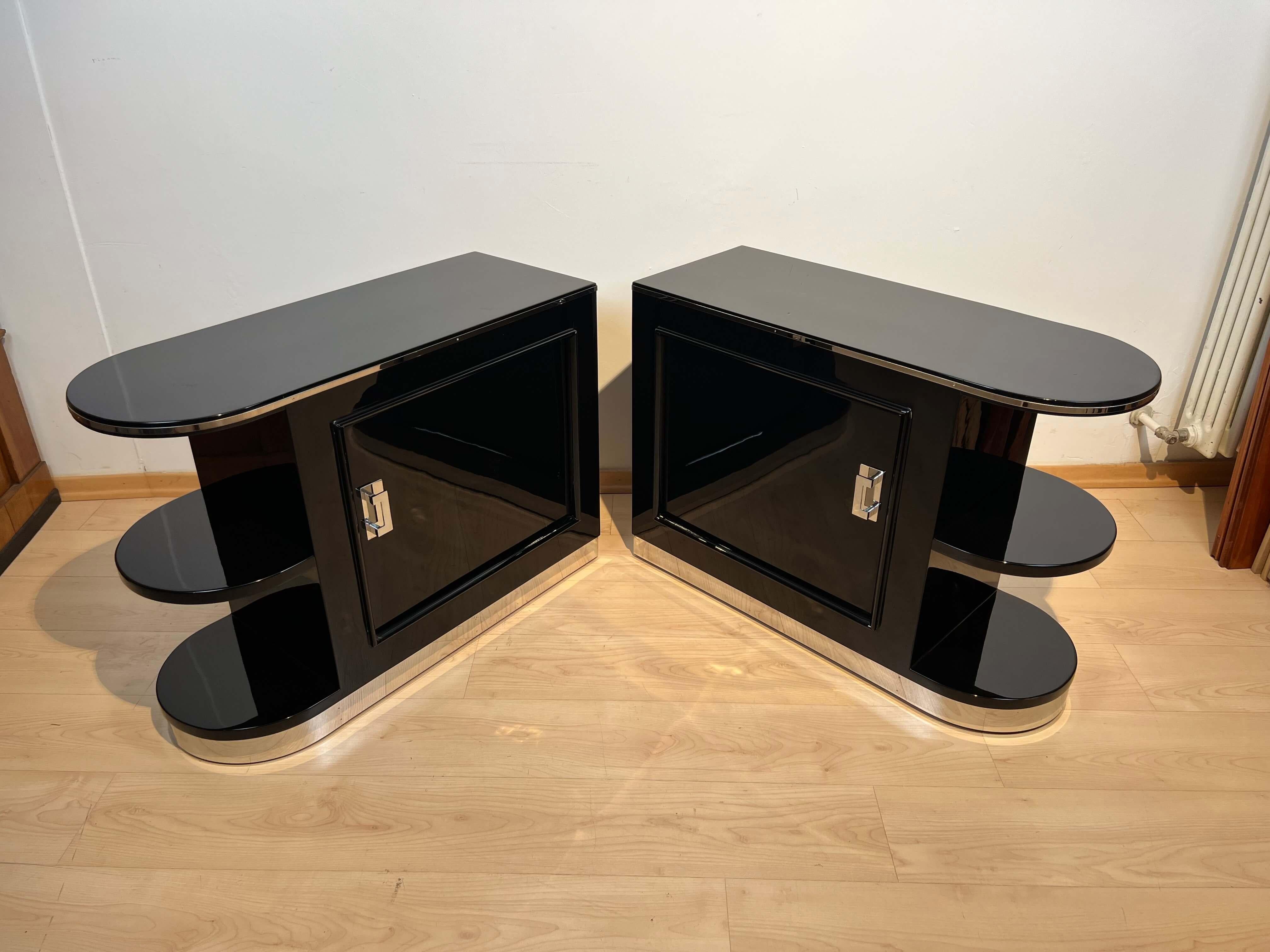 Pair of Art Deco Cabinets/Nightstands, Black Lacquer, Chrome, France circa 1930 3