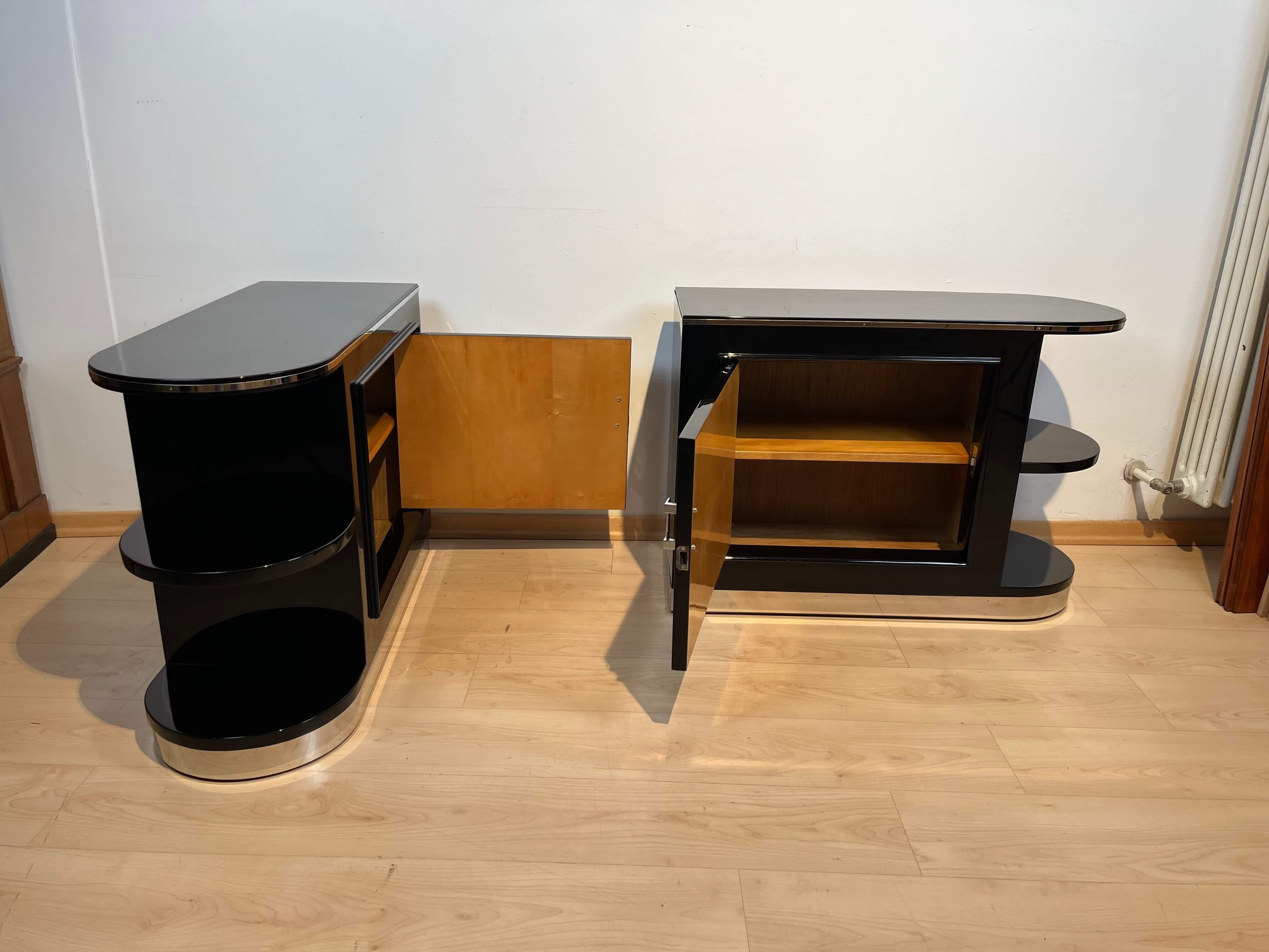 Pair of Art Deco Cabinets/Nightstands, Black Lacquer, Chrome, France circa 1930 7