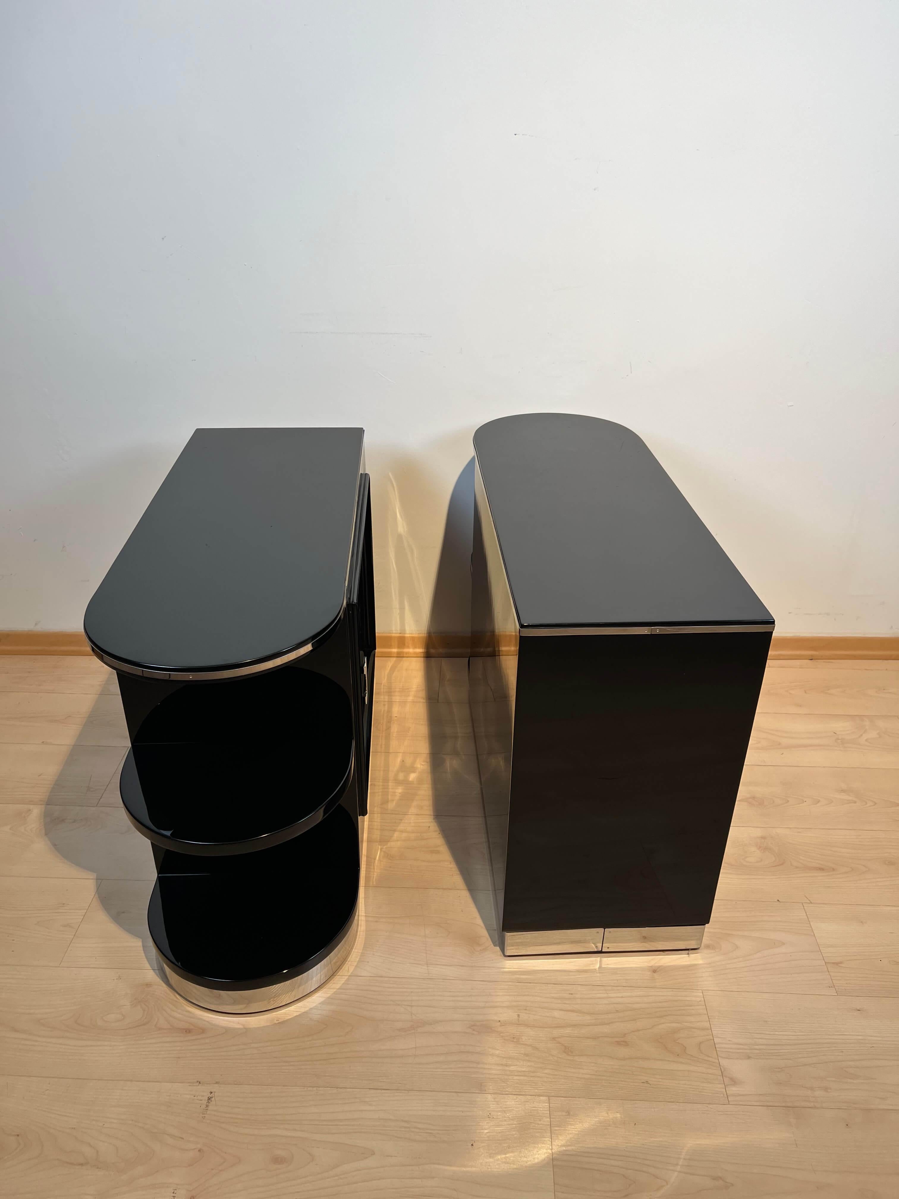 Pair of Art Deco Cabinets/Nightstands, Black Lacquer, Chrome, France circa 1930 10