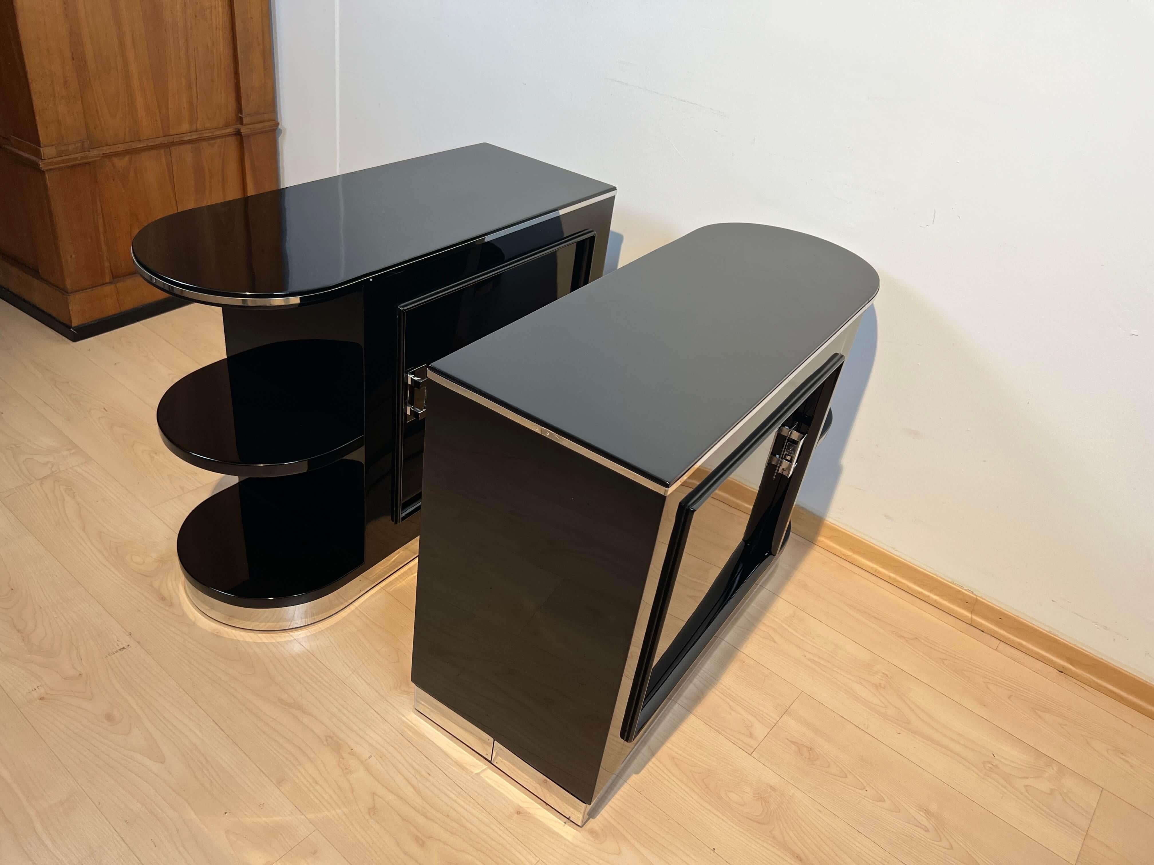 Pair of Art Deco Cabinets/Nightstands, Black Lacquer, Chrome, France circa 1930 11
