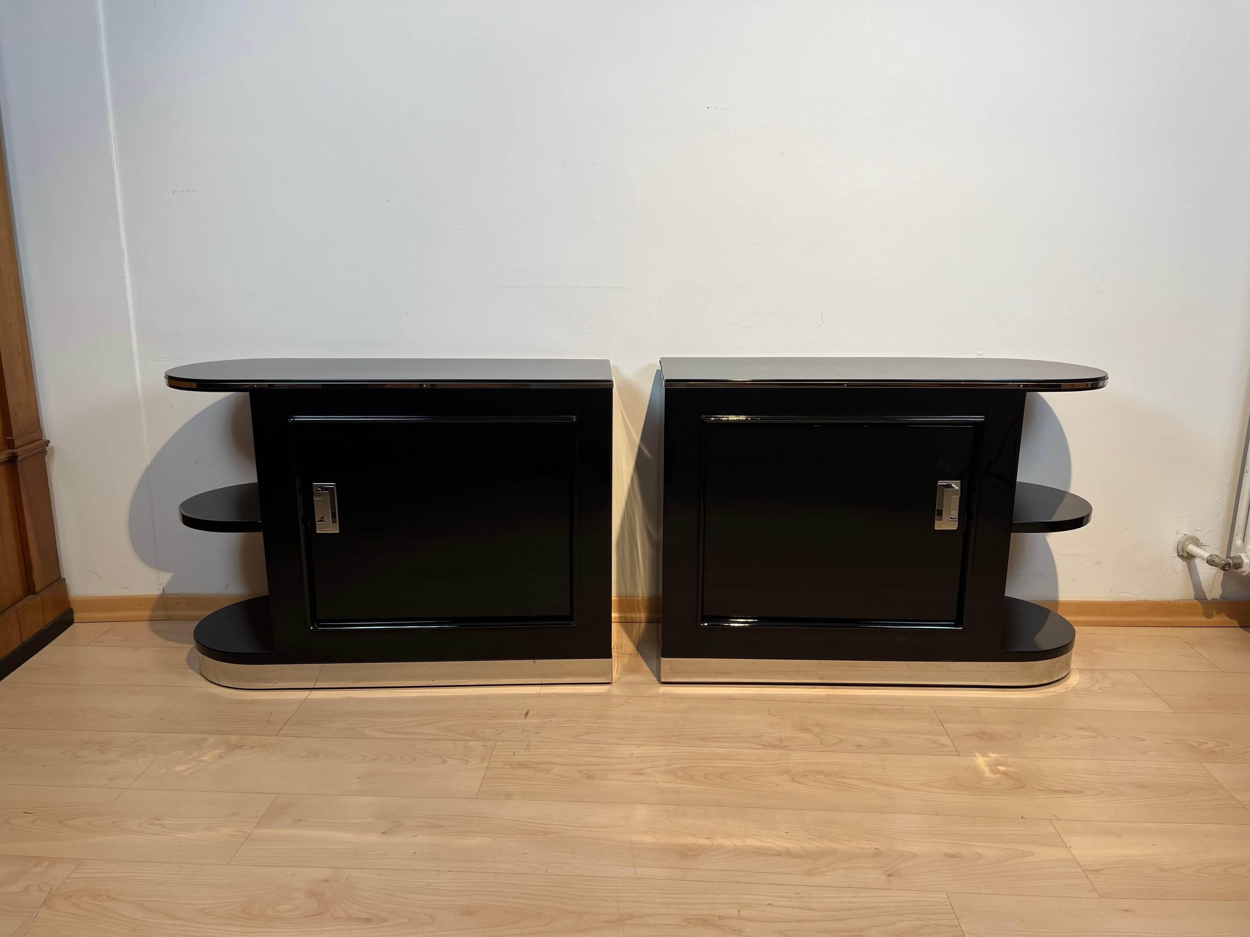 French Pair of Art Deco Cabinets/Nightstands, Black Lacquer, Chrome, France circa 1930