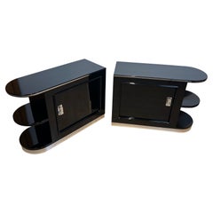 Pair of Art Deco Cabinets/Nightstands, Black Lacquer, Chrome, France circa 1930