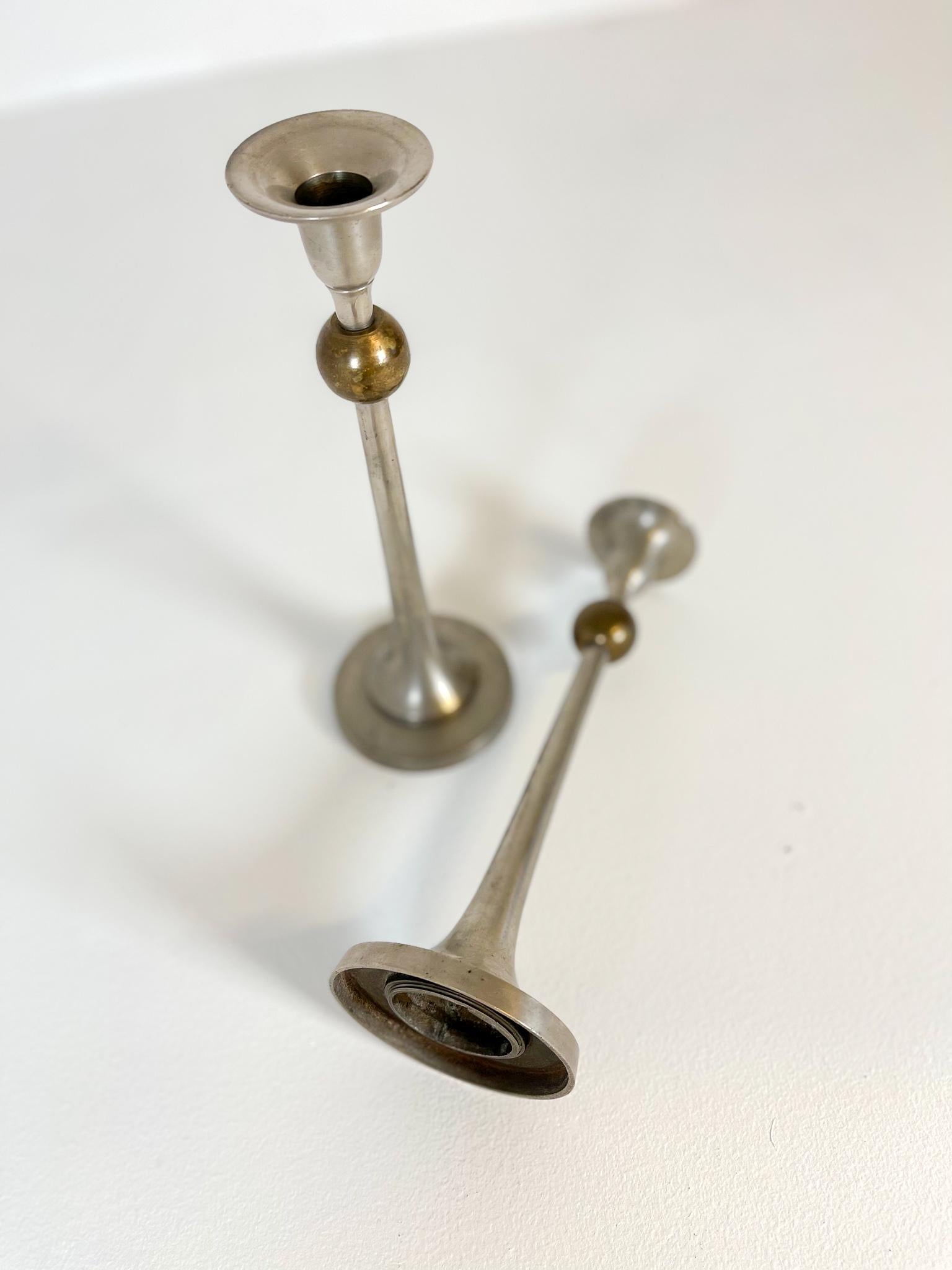 Pair of Art Deco Candelholders in Pewter and Brass Sweden, 1930s For Sale 6