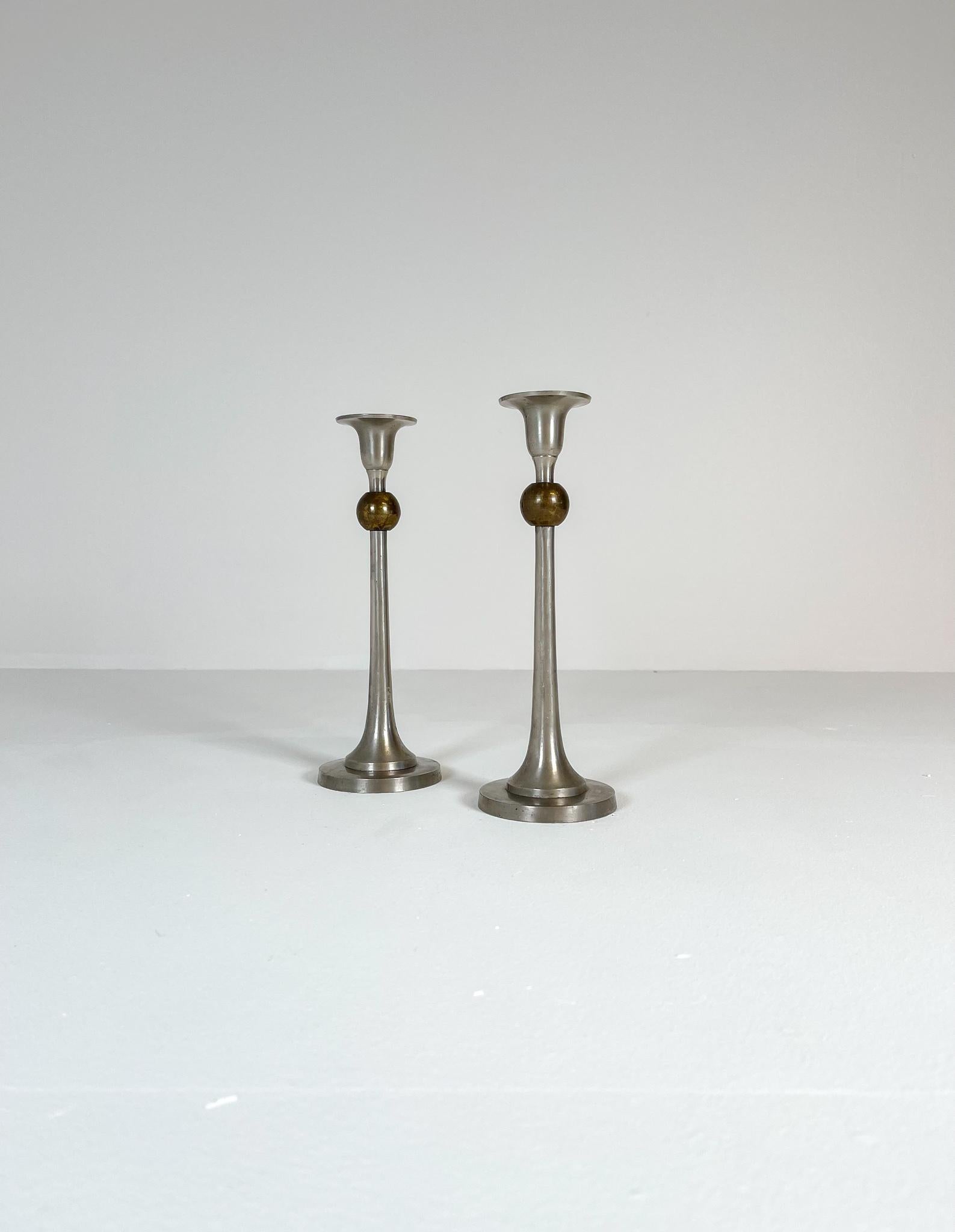 Swedish Pair of Art Deco Candelholders in Pewter and Brass Sweden, 1930s For Sale