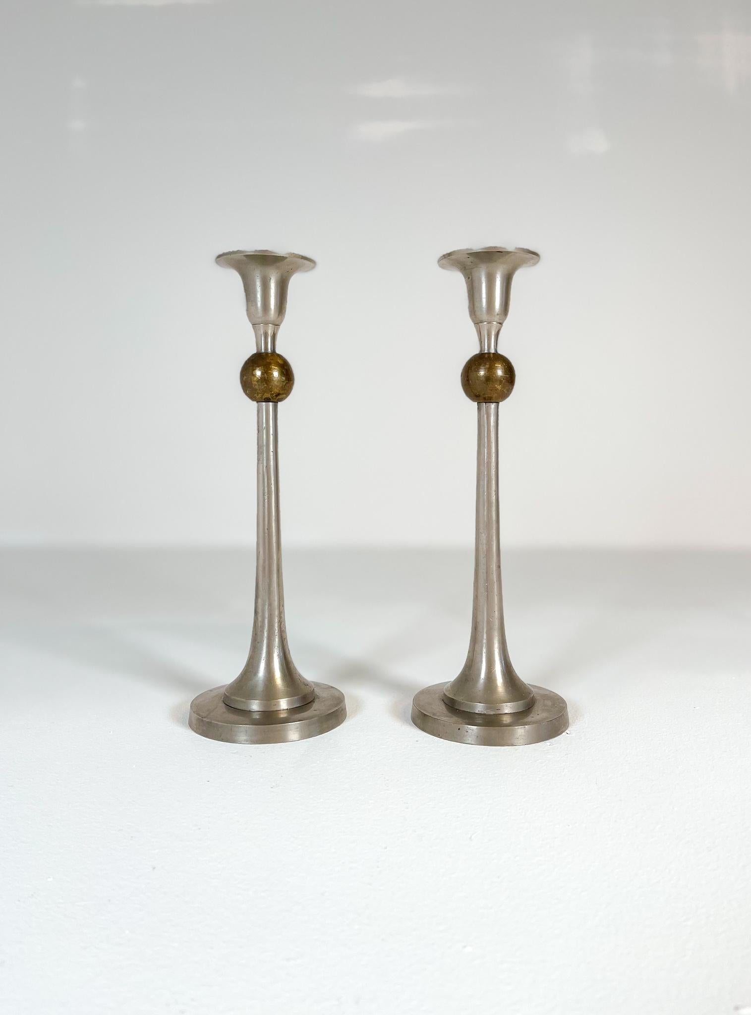 Pair of Art Deco Candelholders in Pewter and Brass Sweden, 1930s In Good Condition For Sale In Hillringsberg, SE