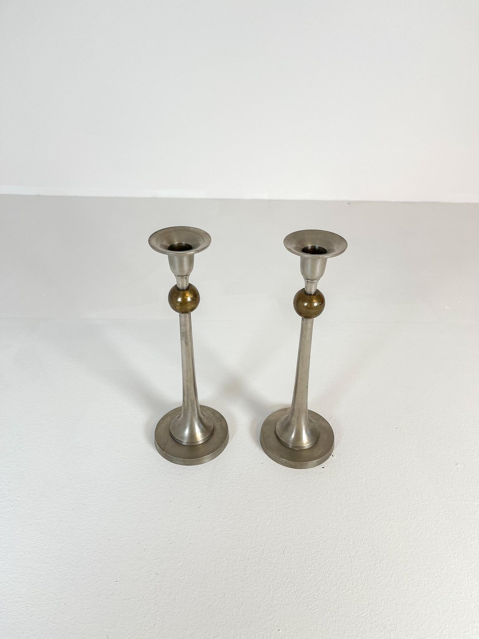 Mid-20th Century Pair of Art Deco Candelholders in Pewter and Brass Sweden, 1930s For Sale