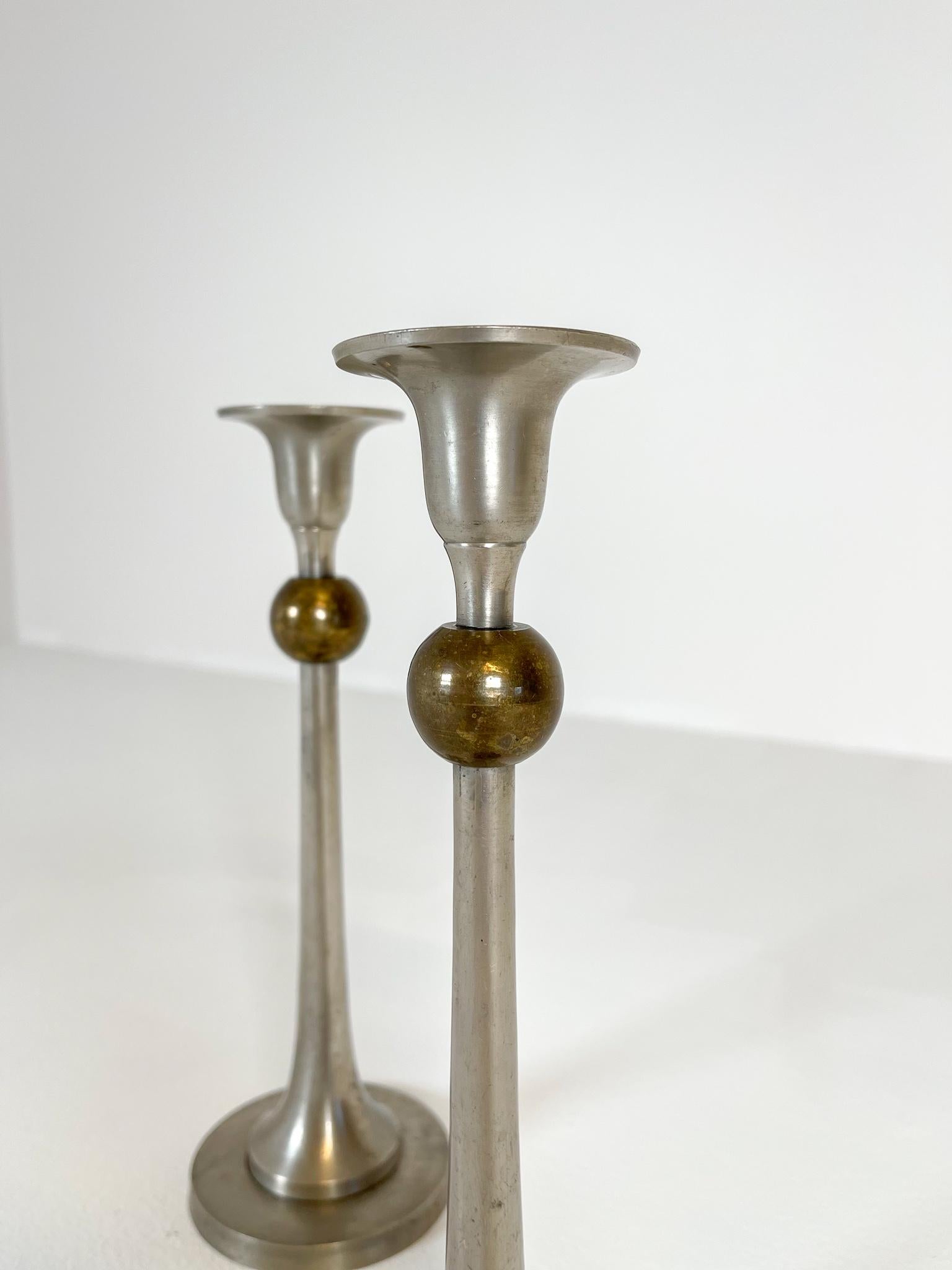 Pair of Art Deco Candelholders in Pewter and Brass Sweden, 1930s For Sale 2