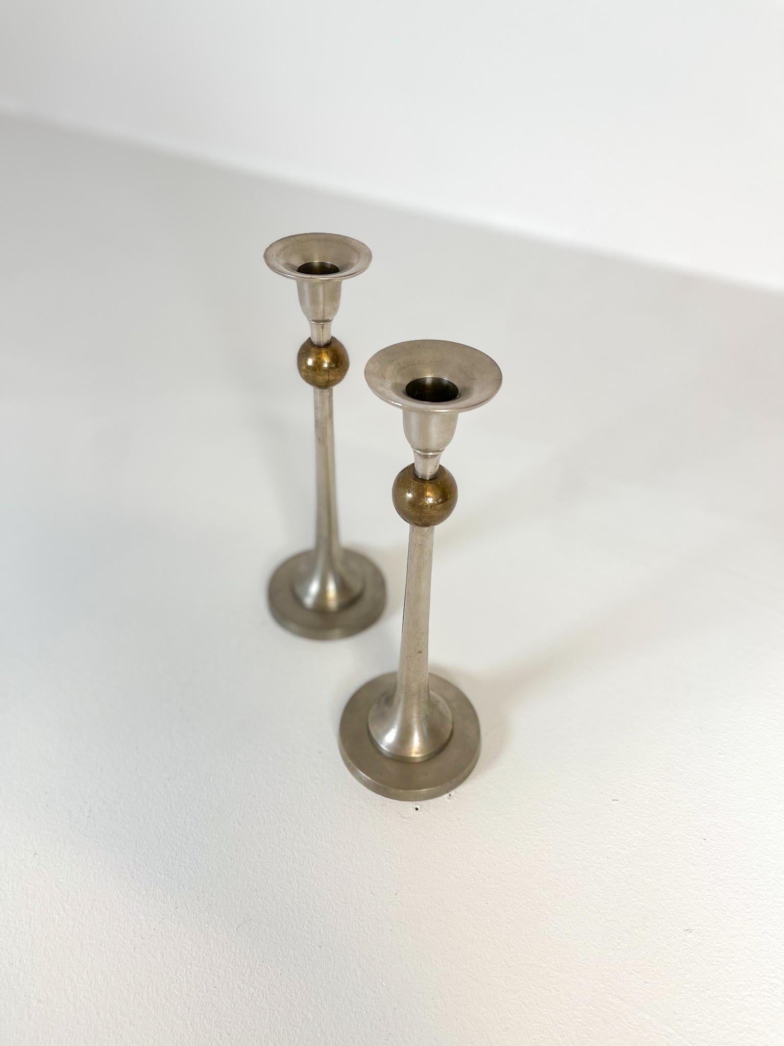 Pair of Art Deco Candelholders in Pewter and Brass Sweden, 1930s For Sale 4