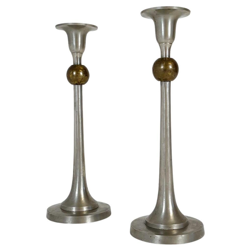 Pair of Art Deco Candelholders in Pewter and Brass Sweden, 1930s For Sale