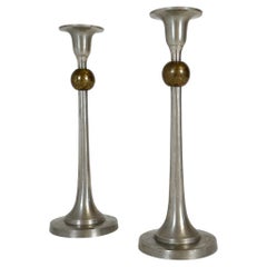 Vintage Pair of Art Deco Candelholders in Pewter and Brass Sweden, 1930s