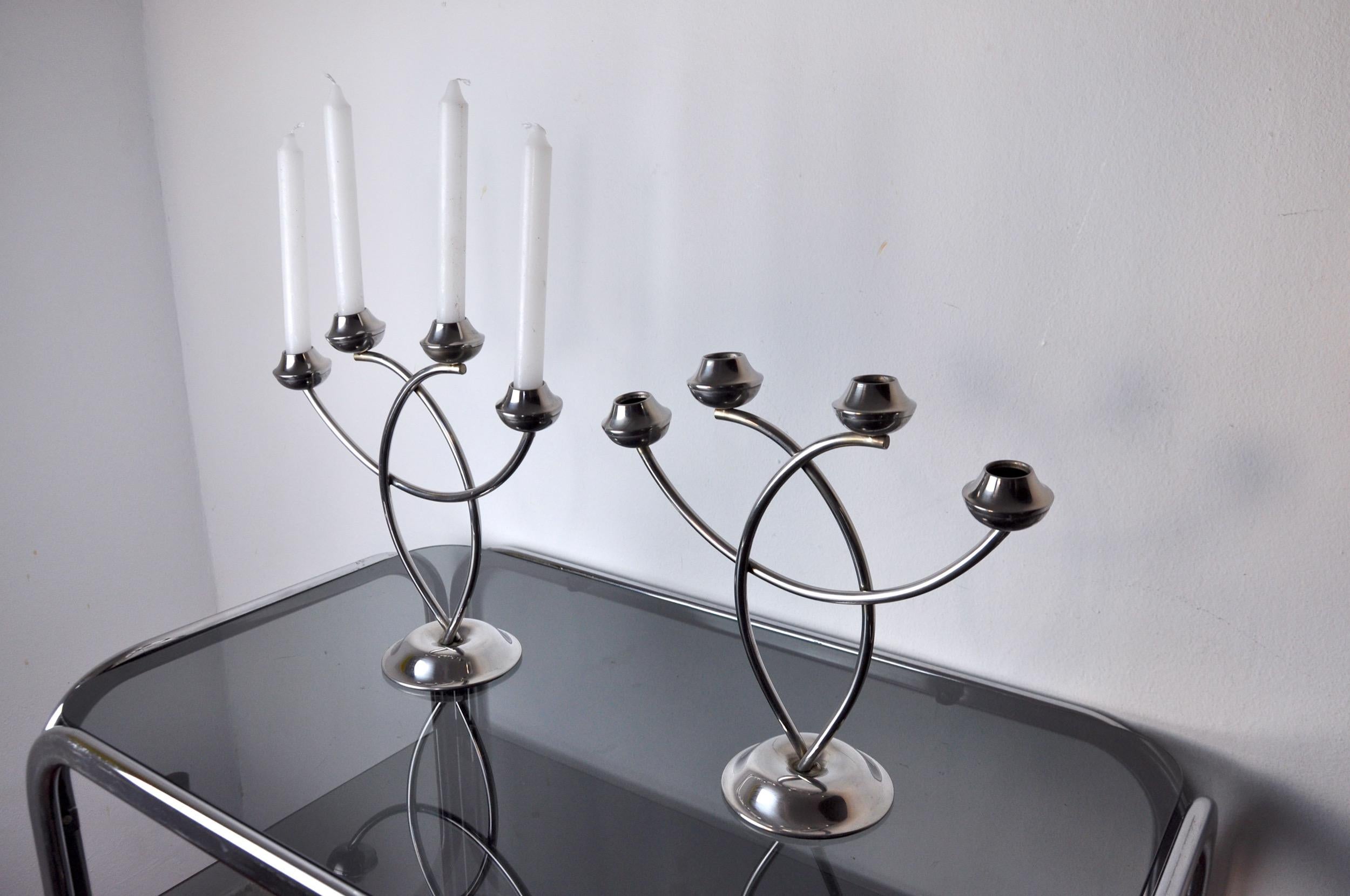 Hollywood Regency Pair of Art Deco Candle Holder in Stainless Steel 4 Flammes, Spain, 1970 For Sale