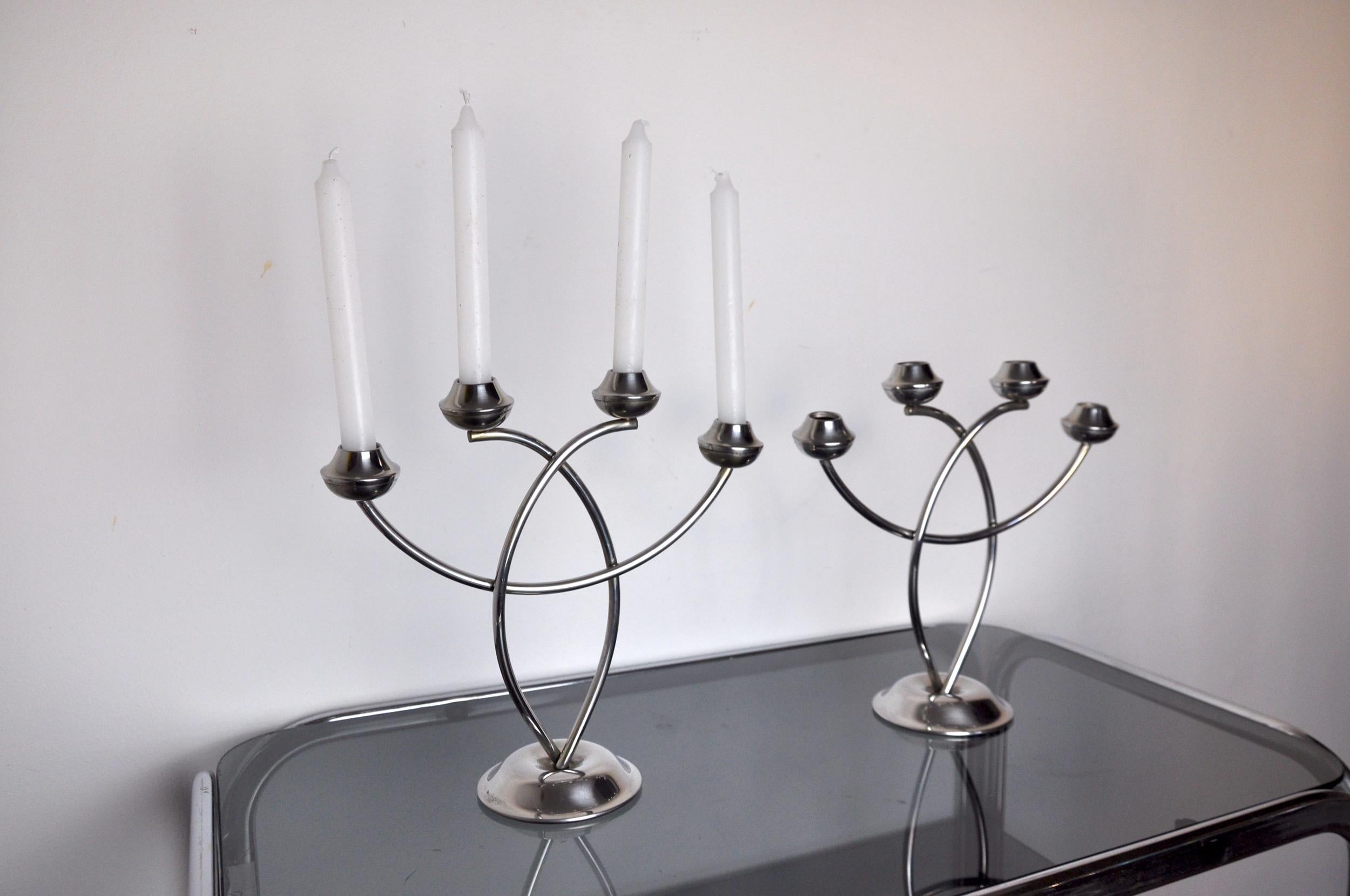 Spanish Pair of Art Deco Candle Holder in Stainless Steel 4 Flammes, Spain, 1970 For Sale