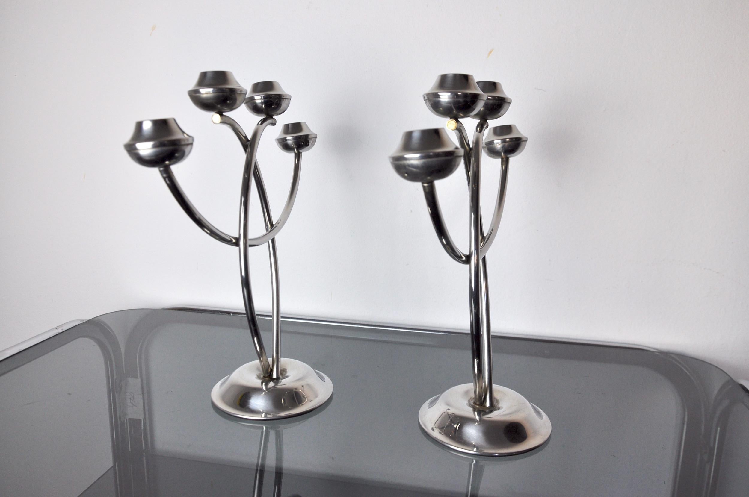 Pair of Art Deco Candle Holder in Stainless Steel 4 Flammes, Spain, 1970 In Good Condition For Sale In BARCELONA, ES