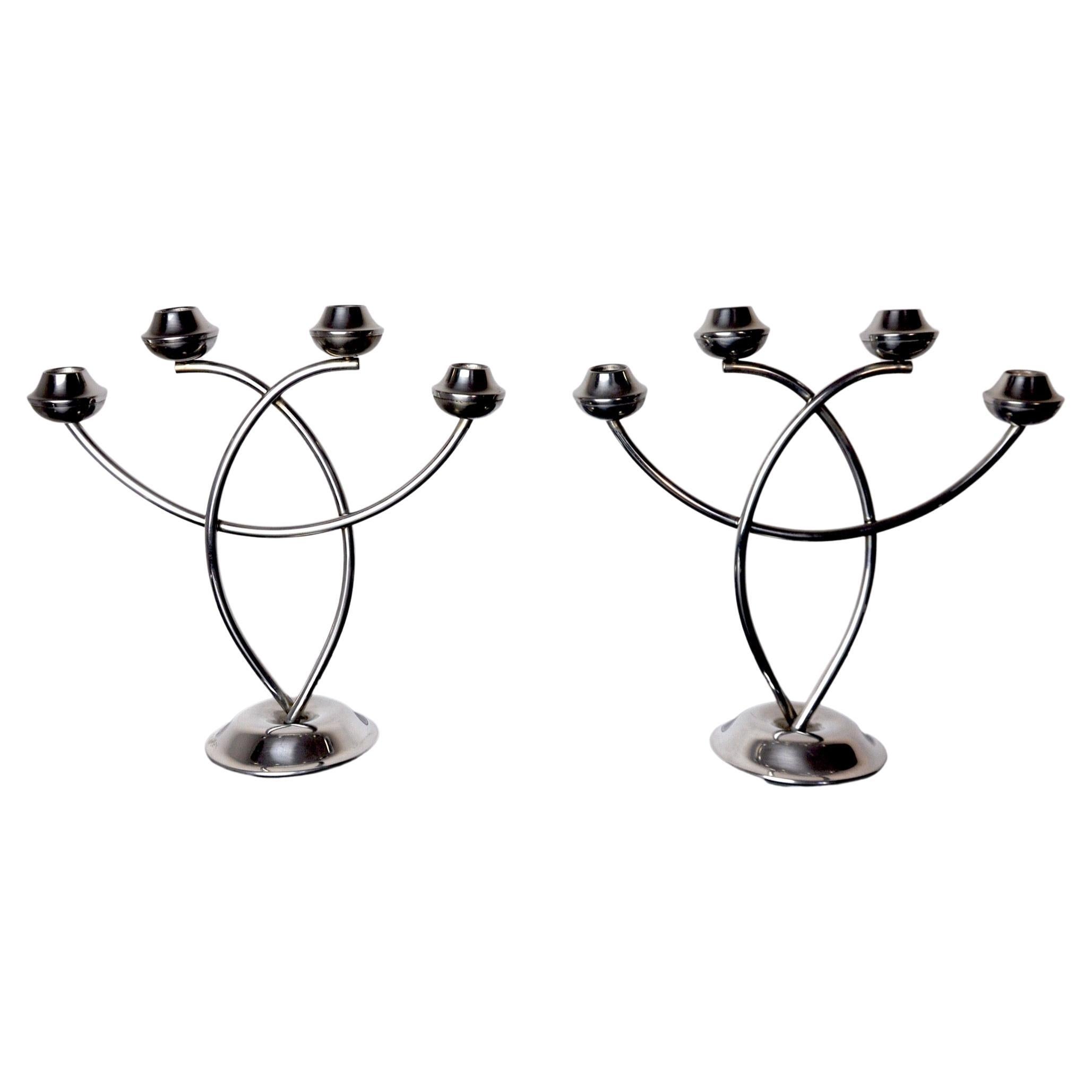 Pair of Art Deco Candle Holder in Stainless Steel 4 Flammes, Spain, 1970