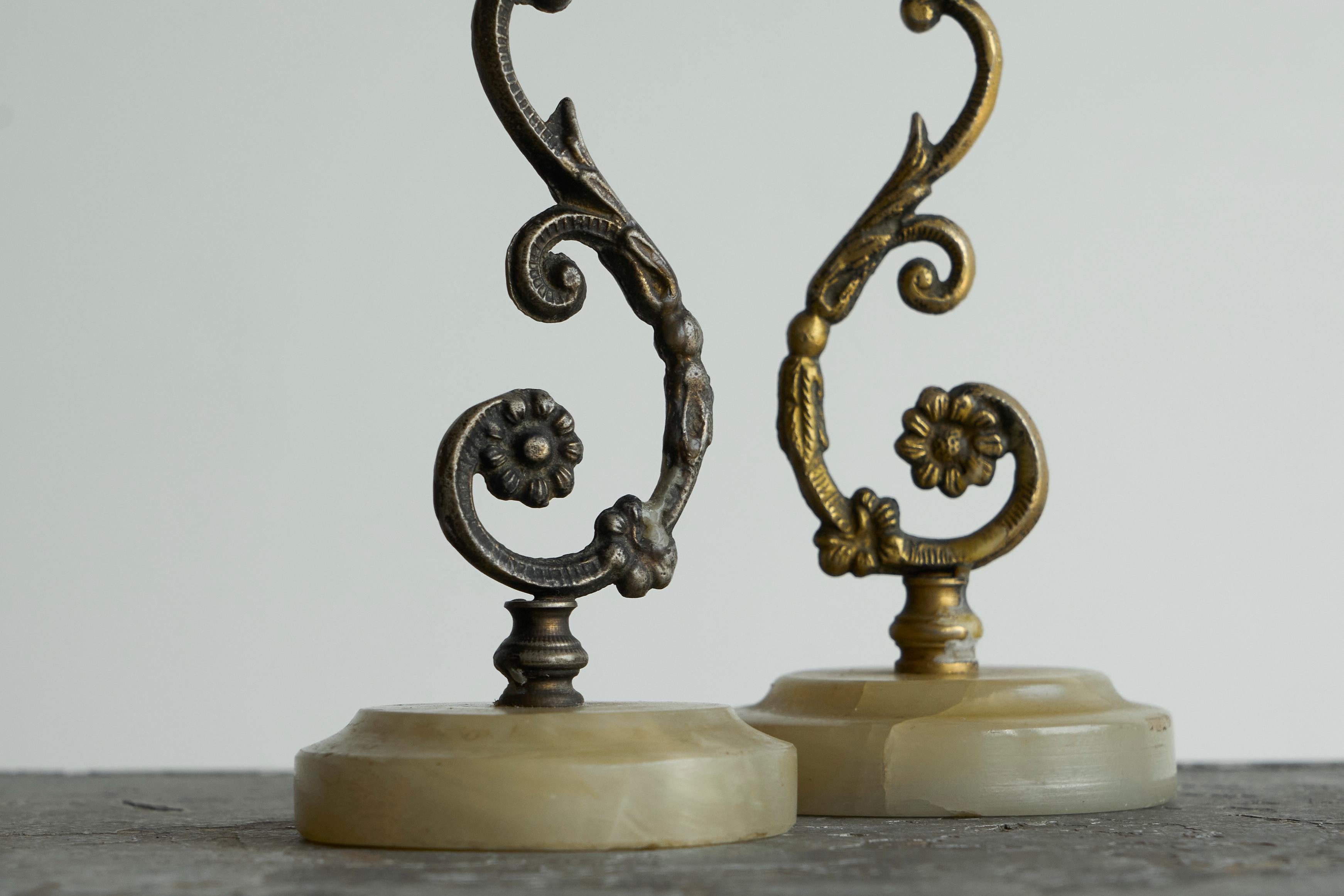 European Pair of Art Deco Candle Holders in Alabaster and Patinated Brass 1930s For Sale