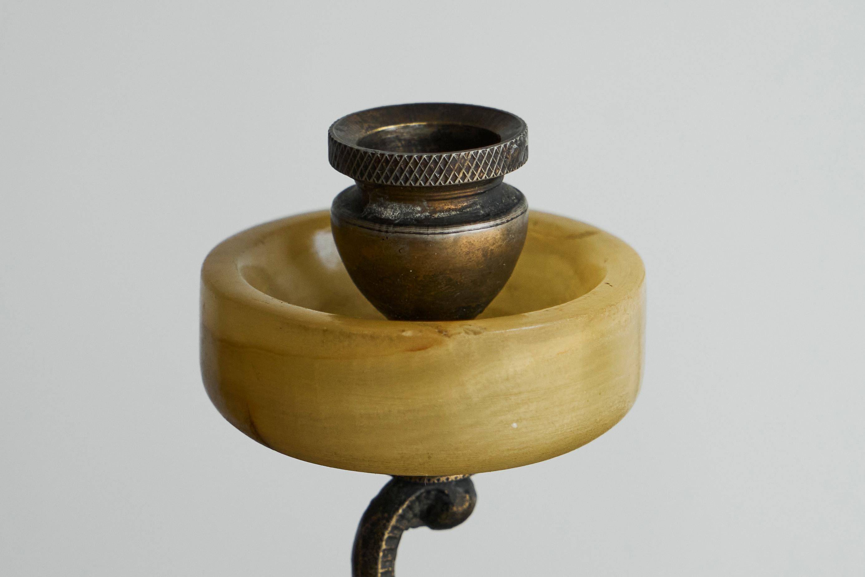 Pair of Art Deco Candle Holders in Alabaster and Patinated Brass 1930s For Sale 2