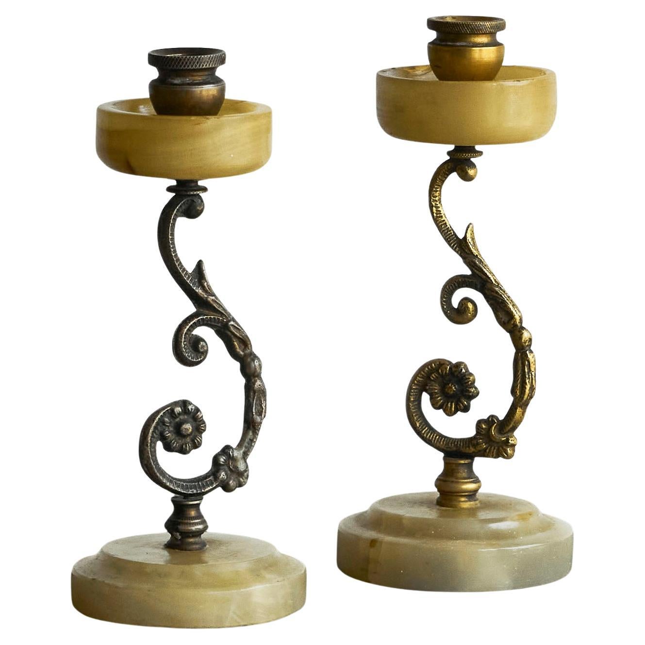 Pair of Art Deco Candle Holders in Alabaster and Patinated Brass 1930s For Sale