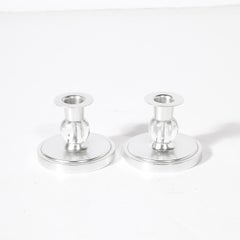 Pair of Art Deco Candle Holders in Brushed Aluminum & Glass signed Kensington