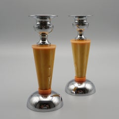 Pair of Art Deco Candlesticks Bakelite and Chromed Metal