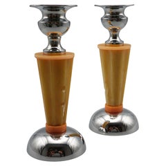 Pair of Art Deco Candlesticks Bakelite and Chromed Metal