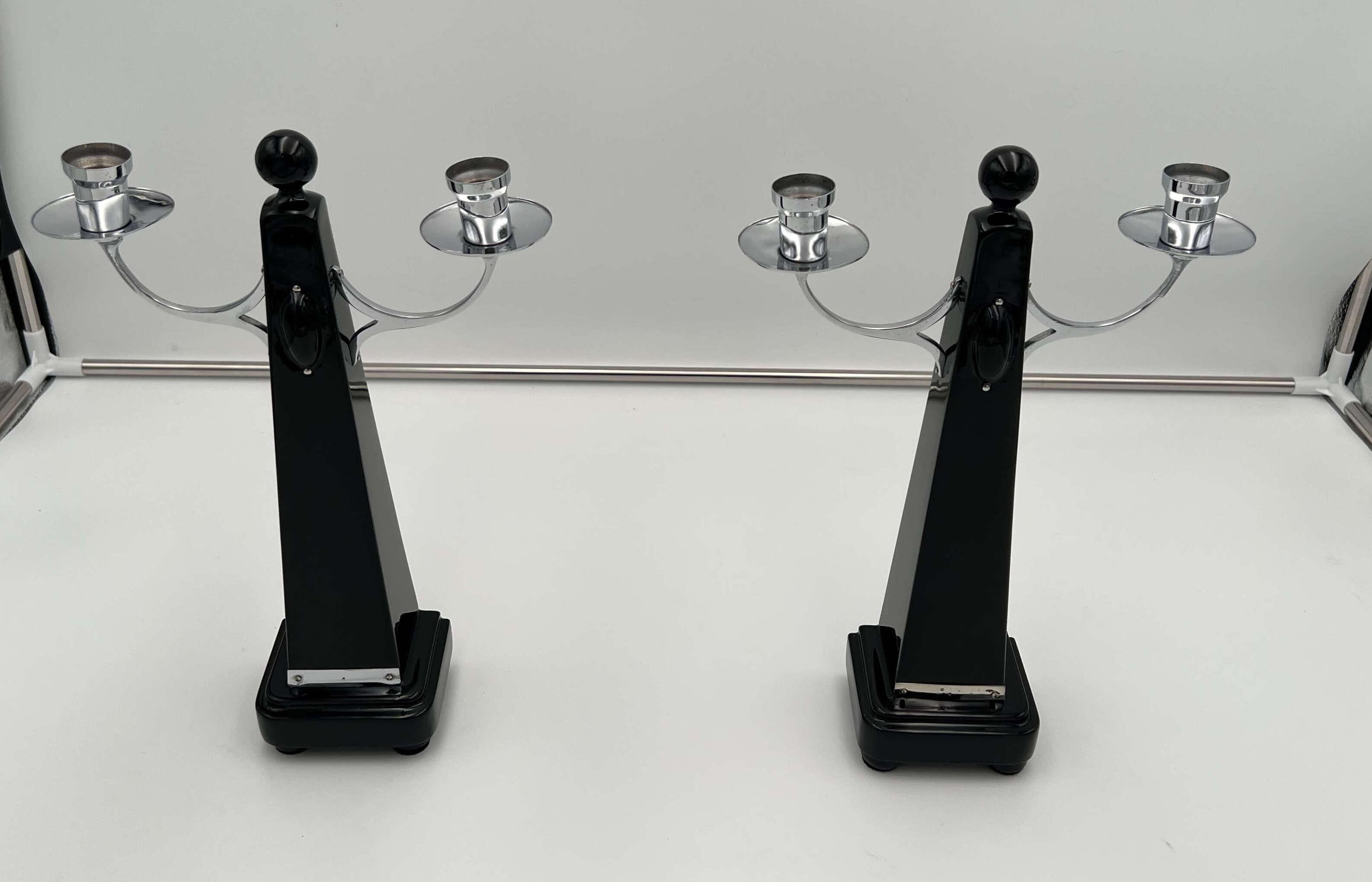 Dutch Pair of Art Deco Candlesticks, Black Lacquer, Oak, Nickel, Netherlands c. 1930 For Sale