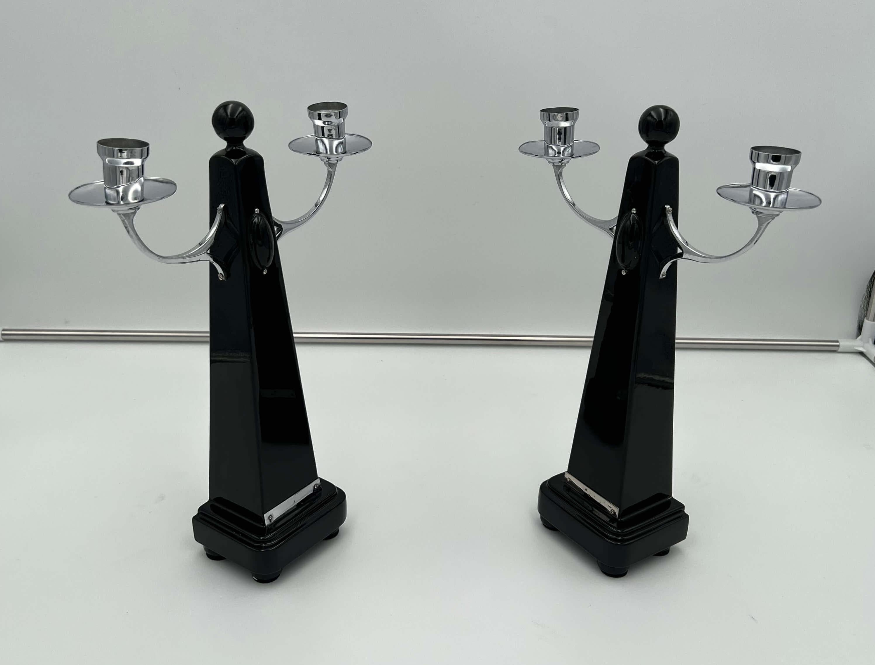 Galvanized Pair of Art Deco Candlesticks, Black Lacquer, Oak, Nickel, Netherlands c. 1930 For Sale