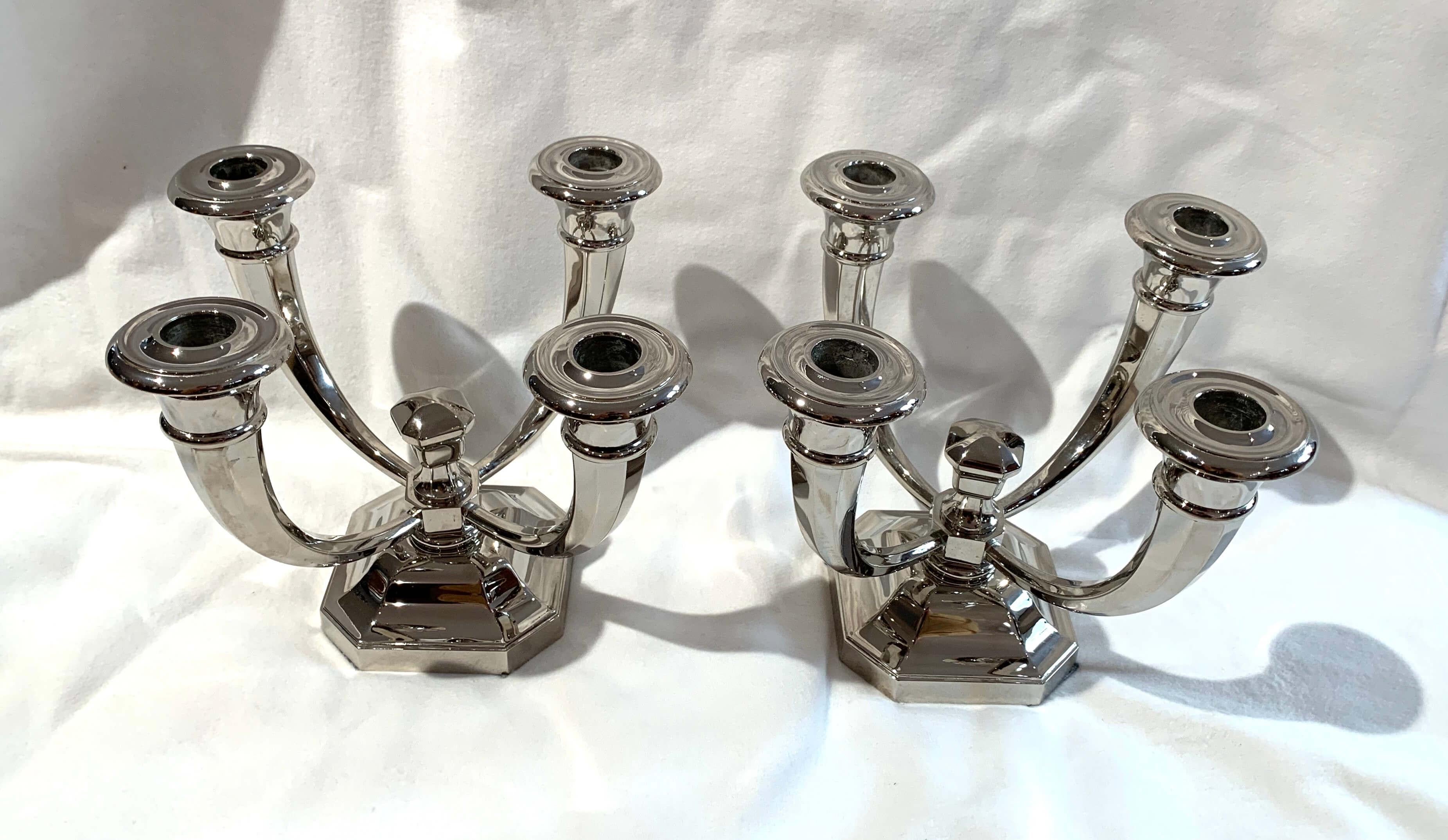 French Pair of Art Deco Candlesticks by J. Leleu, Nickel on Bronze, France, circa 1930