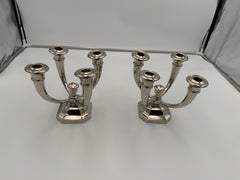 Pair of Art Deco Candlesticks by J. Leleu, Nickel-Plate, Bronze, France, c. 1930