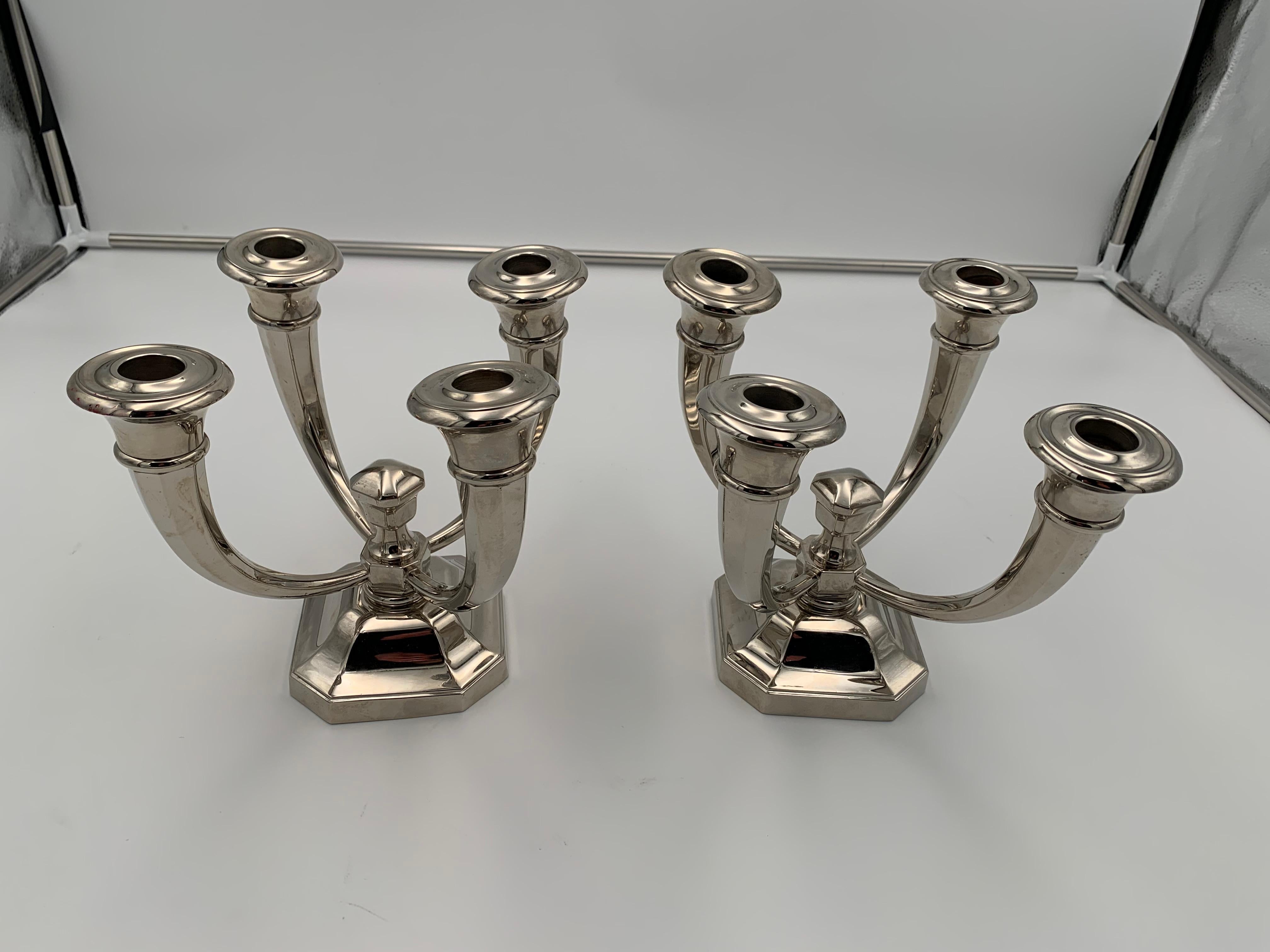 Galvanized Pair of Art Deco Candlesticks by J. Leleu, Nickel-Plate, Bronze, France, c. 1930 For Sale