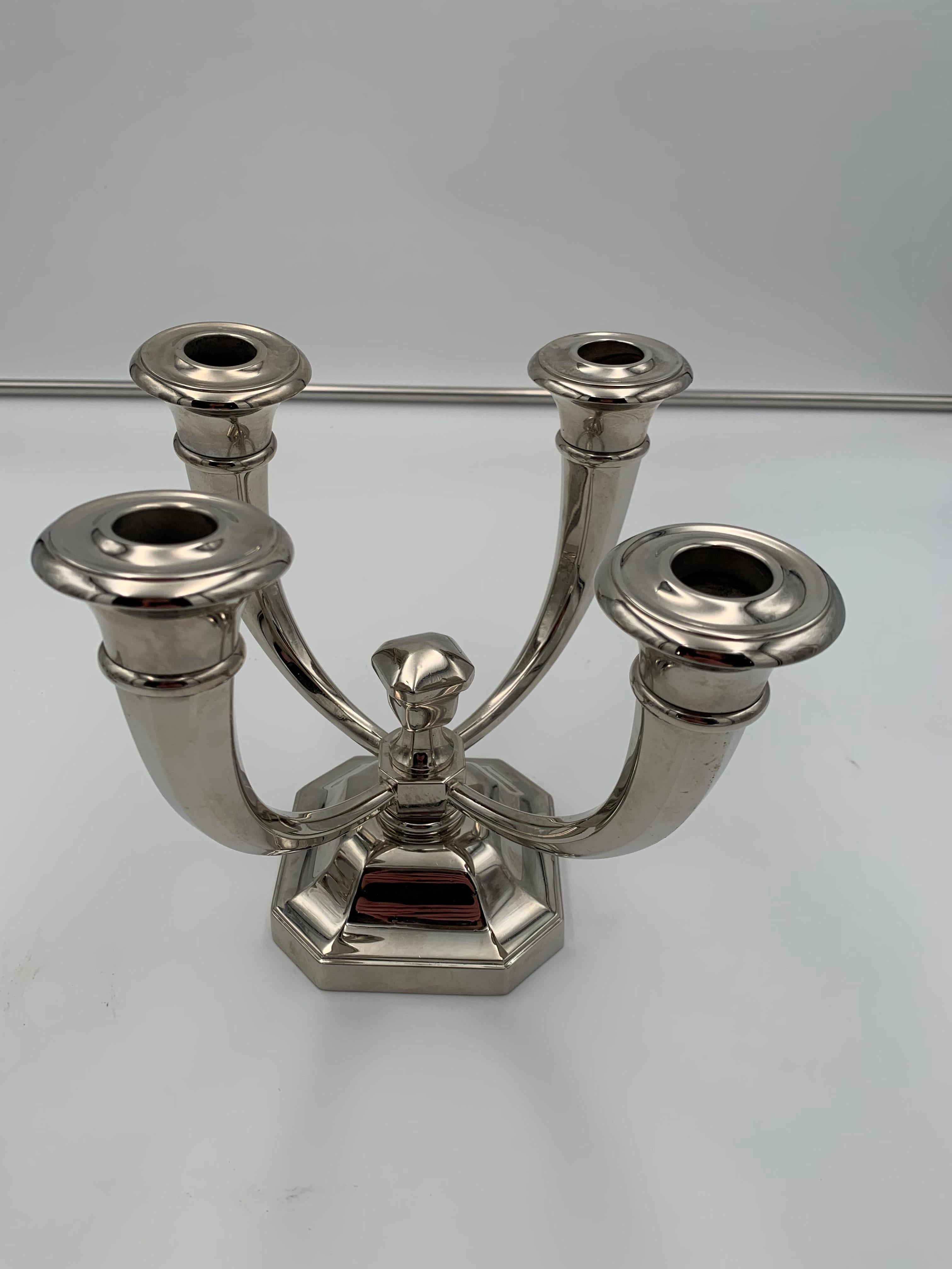 Mid-20th Century Pair of Art Deco Candlesticks by J. Leleu, Nickel-Plate, Bronze, France, c. 1930 For Sale