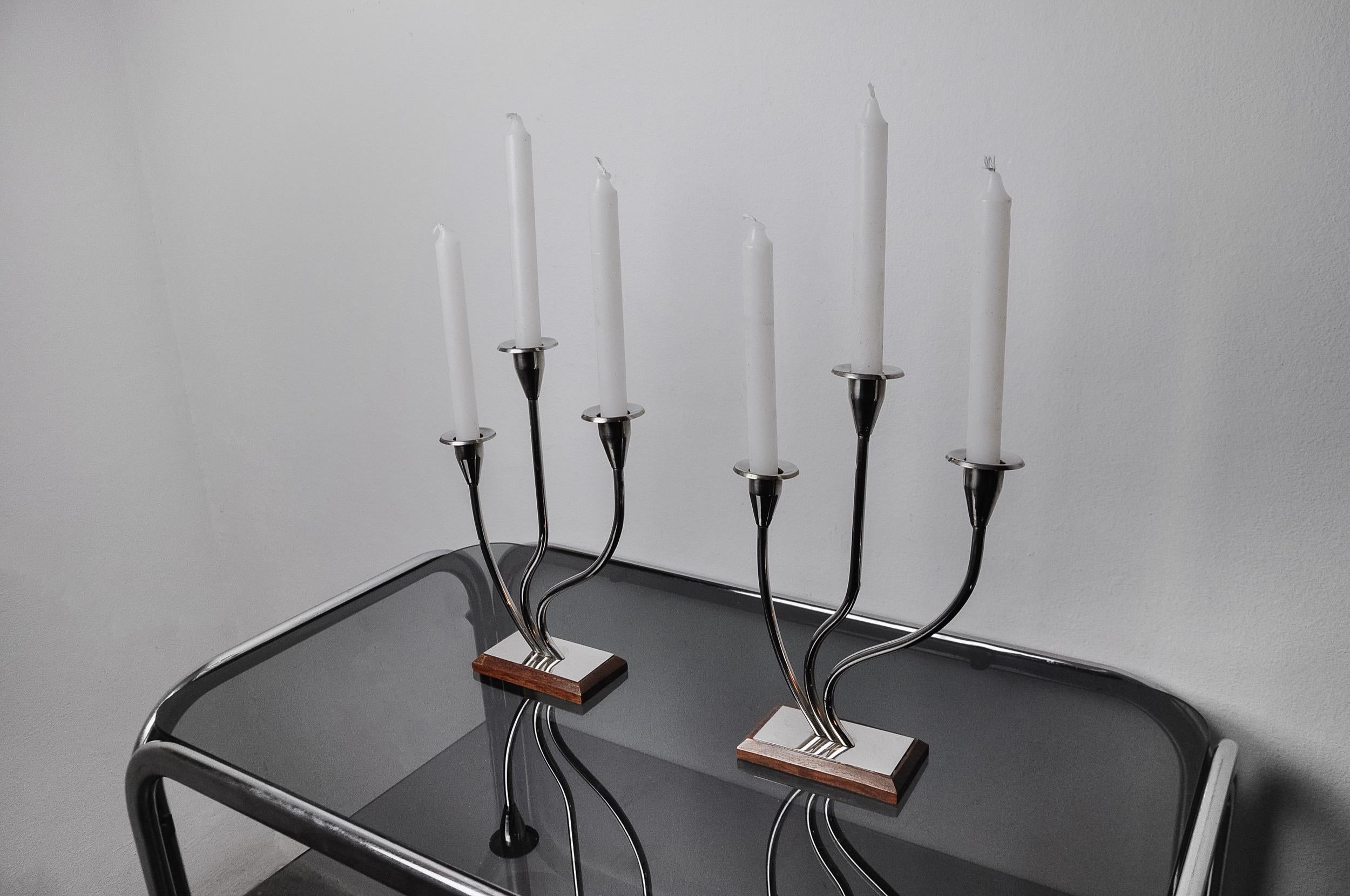 Spanish Pair of art deco candlesticks in stainless steel 3 flames, Spain, 1970 For Sale