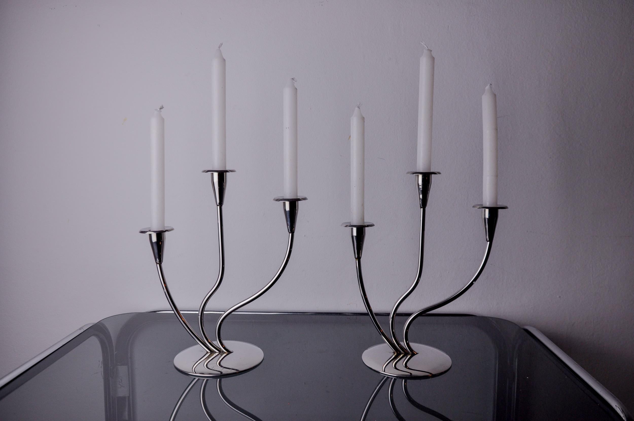 Spanish Pair of art deco candlesticks in stainless steel 3 flames, Spain, 1970 For Sale